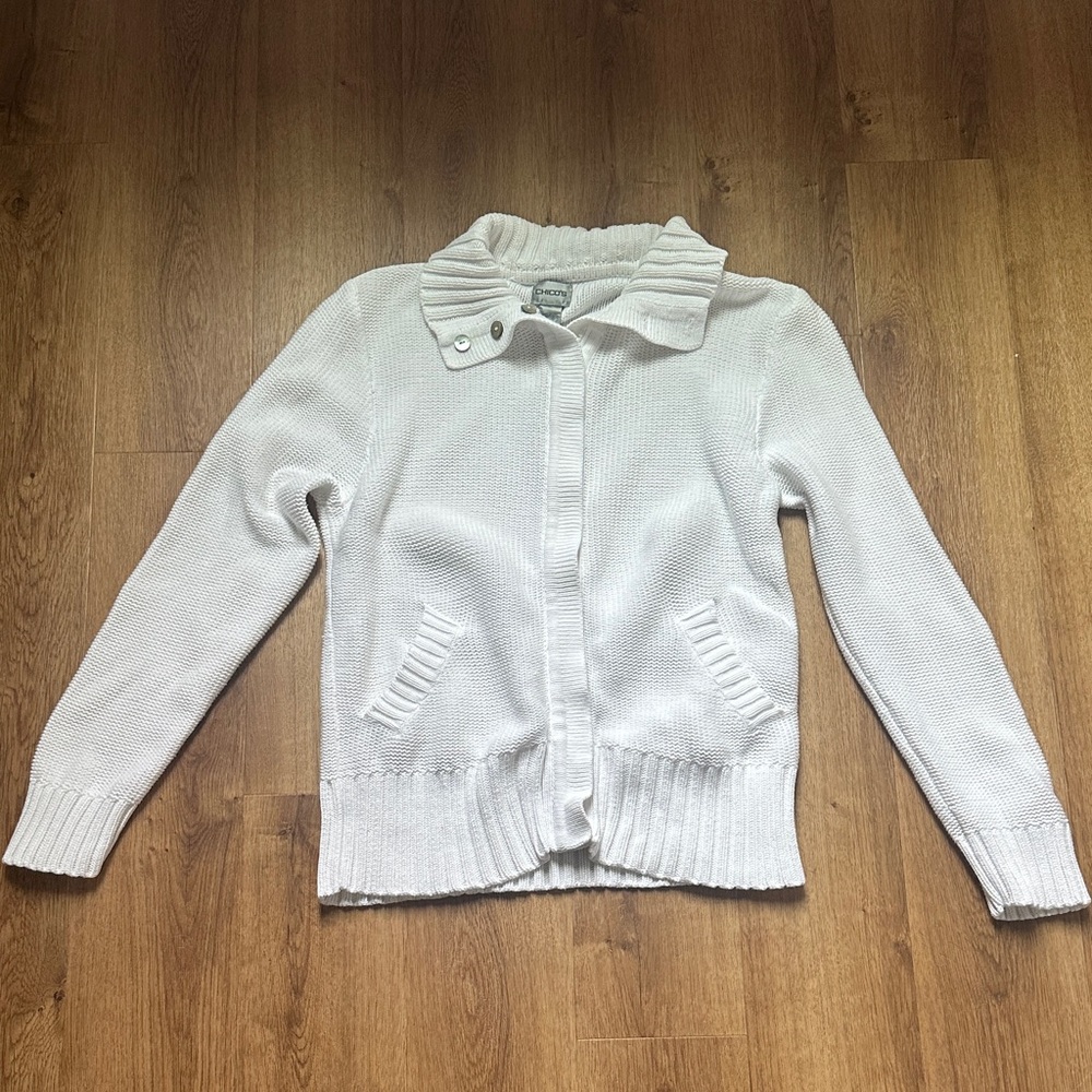 Chico's Ivory White Zip Up Cardigan With Shell‎ Button Collar